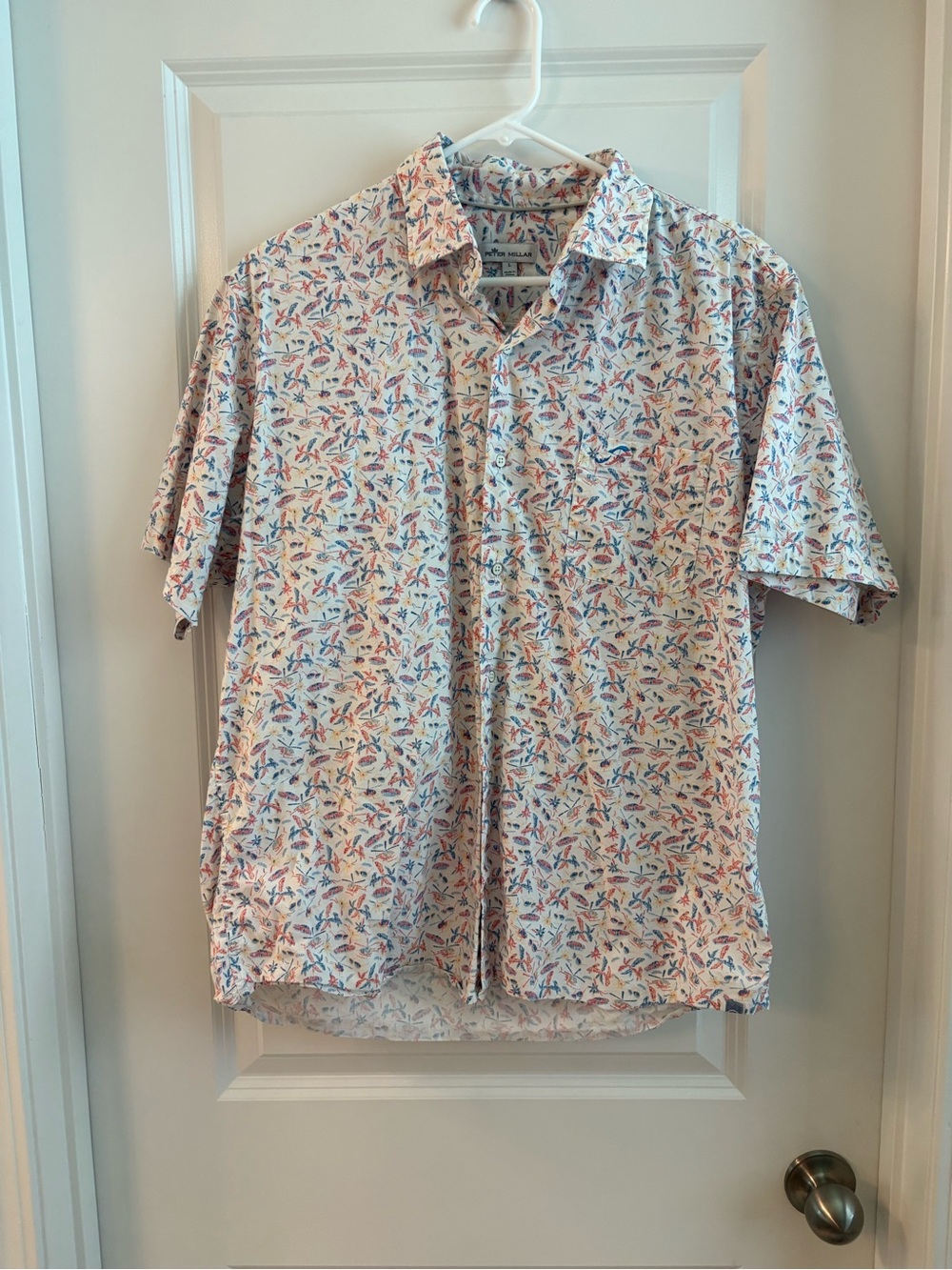 Peter Millar White Shirt with Blue, Red and Yellow Tropical Print